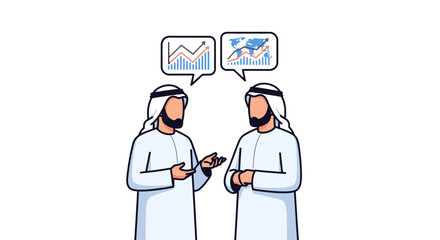Two Arab men discussing financial data and market trends with charts.