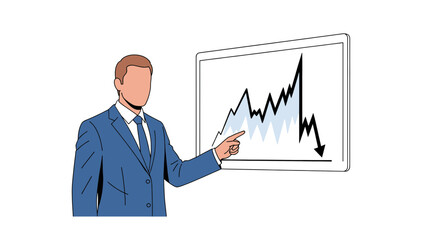 Businessman presenting a financial graph showing a downward trend.