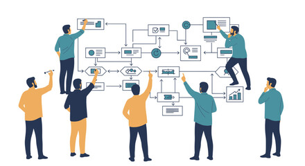 Business team collaborating on a project workflow and process.