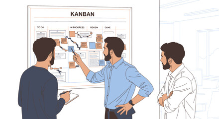 Kanban board meeting with team members discussing project progress.
