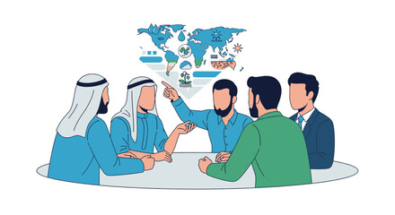 Business meeting discussing environmental issues and global initiatives for sustainability.