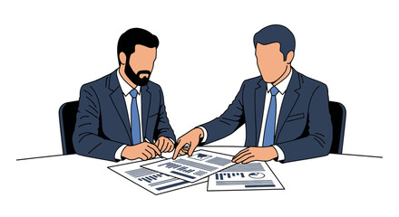 Two businessmen are discussing and signing a contract at the table.