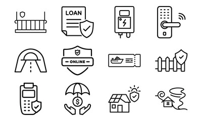 Property Insurance Line Icons – Home, Flood, Fire, Travel, and Security Protection Symbols – Minimalist Outline Vector Icon Set for Business, Finance, and Insurance Design