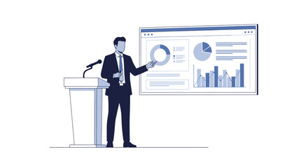 Business presentation with a man pointing at a chart on a screen.