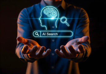 AI Search Engine Technology Concept. Person using laptop with AI search, artificial intelligence powered search engine, smart data discovery, machine learning, intelligent information retrieval system