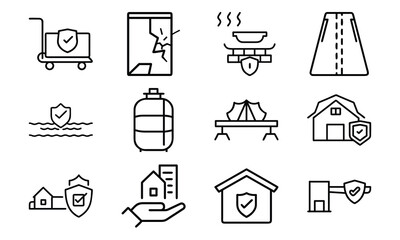 Property Insurance Line Icons &ndash; Home, Flood, Fire, Travel, and Security Protection Symbols &ndash; Minimalist Outline Vector Icon Set for Business, Finance, and Insurance Design
