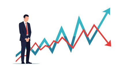 Businessman standing in front of a graph showing financial growth and decline.