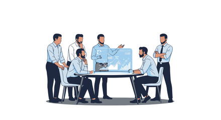 Obraz premium Business team meeting around a table with data analysis presentation.