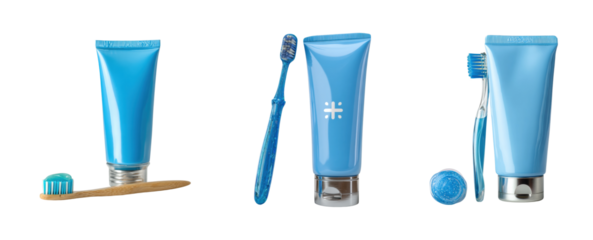 Oral care products display bathroom bright mood, isolated on transparent background, png set