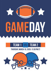 Game Day. American football playoff. Super Party in United States. Final game of regular season. Professional team championship. Ball for american football. Sport poster. Vector illustration