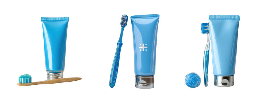 Oral care products display bathroom bright mood, isolated on transparent background, png set