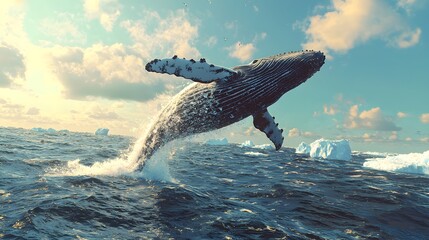 A majestic humpback whale breaches dramatically from the ocean waves near icebergs under a partly cloudy sky