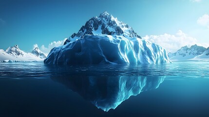 A majestic iceberg with a snow capped mountain summit floats in the clear arctic ocean revealing its massive submerged base