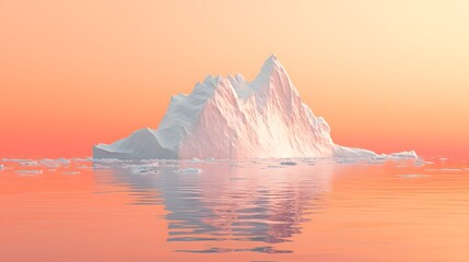A majestic iceberg floats in calm ocean waters during a serene sunset with its reflection shimmering on the water s surface