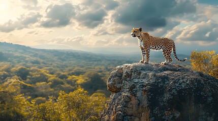A majestic leopard stands alert on a rocky outcrop surveying a vast sun drenched forest landscape at dawn