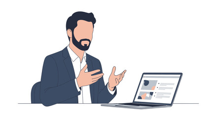 Man in a suit presenting with laptop online meeting video conference.