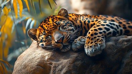 A majestic leopard peacefully sleeps on a textured rock with soft sunlight illuminating its spotted coat and surrounding tropical foliage