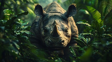 A majestic rhinoceros emerges from the dense lush foliage of a tropical jungle