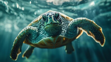 A majestic sea turtle swims gracefully through clear blue ocean water illuminated by sunbeams filtering from above