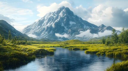 A majestic snow capped mountain overlooks a tranquil lake surrounded by vibrant green and golden meadows under a partly cloudy sky
