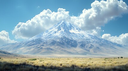 A majestic snow capped mountain rises above a dry grassy plain under a bright blue sky with fluffy clouds