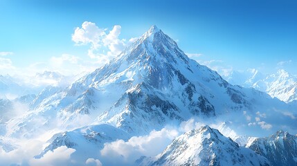 A majestic snow covered mountain peak rises serenely towards a clear blue sky surrounded by a vast alpine landscape