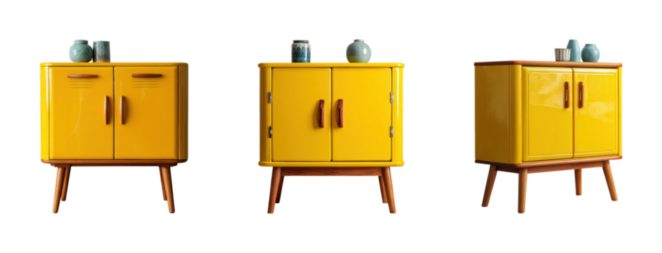 Modern yellow storage cabinets for stylish home display, isolated on transparent background, png set