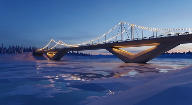Modern suspension bridge illuminated over calm water at dusk - Powered by Adobe