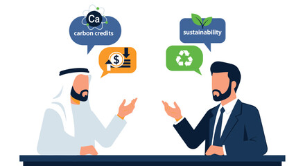 Businessmen discussing carbon credits and sustainability in a meeting.