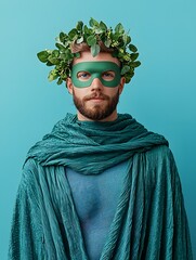 A man dressed as an eco superhero with a leaf wreath and green mask against a blue background