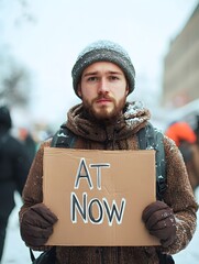 A man holds a sign with AT NOW text during a cold snowy winter protest