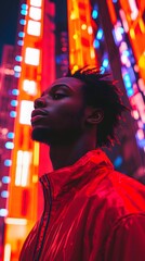 A man in a red jacket looks up towards vibrant blurred neon city lights at night