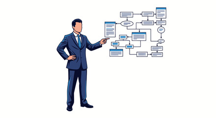 Business professional presenting a complex workflow diagram with a pointing gesture.