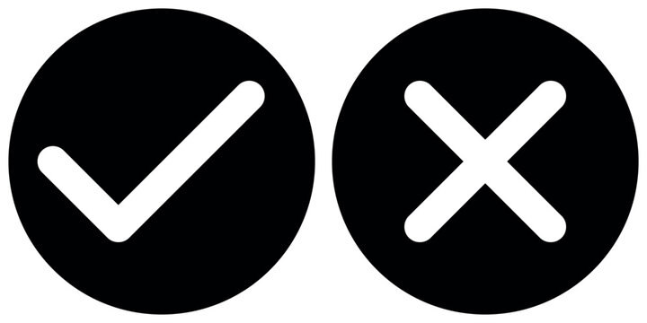 tick and x in circle, OK check mark and X cross icon symbol, black and white