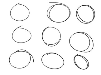 Set of nine irregular handdrawn black circles and ovals, isolated on a transparent background, used for marking or highlighting text
