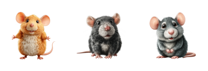 Cute mice trio digital whimsical, isolated on transparent background, png set