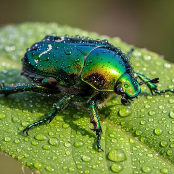 Macro Marvel: A Junebug's Delicate Journey on a Dew-Kissed Leaf Unveiling Nature&rsquo;s Enticing Tapestry of Intricate Patterns and Vibrant Textures