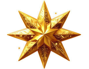 Golden eight pointed star ornament with intricate patterns.