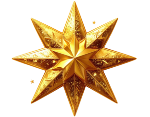Golden eight pointed star ornament with intricate patterns.