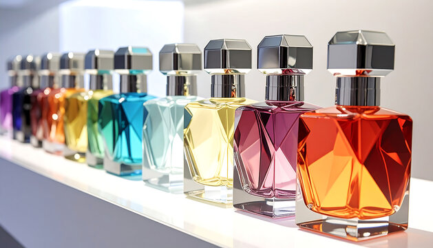 透明感あふれる多彩な香水が整然と並ぶスタイリッシュなお店の展示ディスプレイ