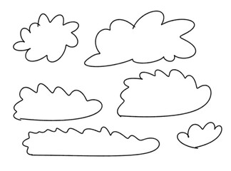 A collection of six handdrawn cloud shapes in various sizes and styles, isolated on a transparent background