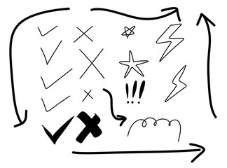Group of handdrawn doodle icons including check marks, crosses, stars, lightning bolts, and exclamation marks isolated on transparent background