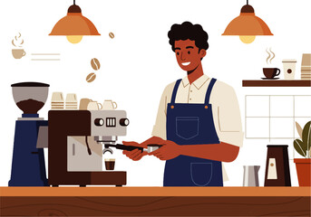 A smiling barista with dark skin prepares espresso using a professional machine in a bright, modern coffee shop setting.