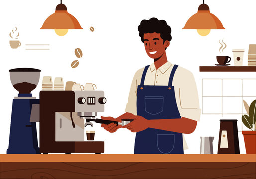 A smiling barista with dark skin prepares espresso using a professional machine in a bright, modern coffee shop setting.