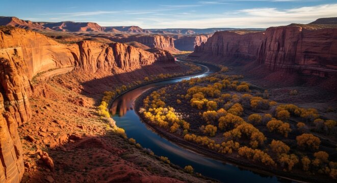 Scenic aerial view of a river winding through a canyon with red rock formations and lush green trees in utah
