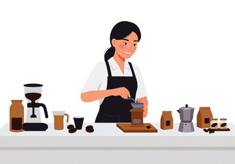 A woman in an apron grinds coffee beans with a manual grinder, surrounded by coffee-making equipment and supplies.
