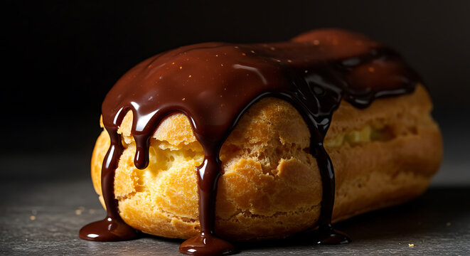 Indulge in the Decadence of a Cream-Filled Eclair Drenched in Rich Chocolate, a Delicious Treat Perfect for Dessert Menus, Baking Blogs, and Sweet Culinary Creations