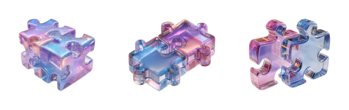 Creative puzzle pieces digital bright colors, isolated on transparent background, png set