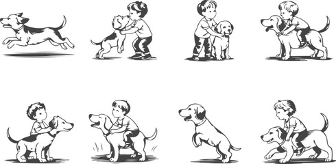 Engraving Child and Dog sketch hand drawn line art Silhouettes vector art illustration set
