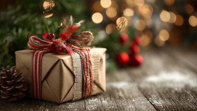 Elegant Red and Gold Gift Box Close-up with Cozy Wood and Festive Bokeh Lights,Merry Christmas and Happy New Year Premium Background with Assorted Wrapped Presents - Powered by Adobe